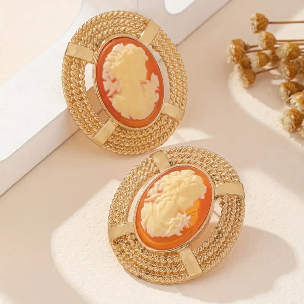 Gold and Orange Cameo Earrings